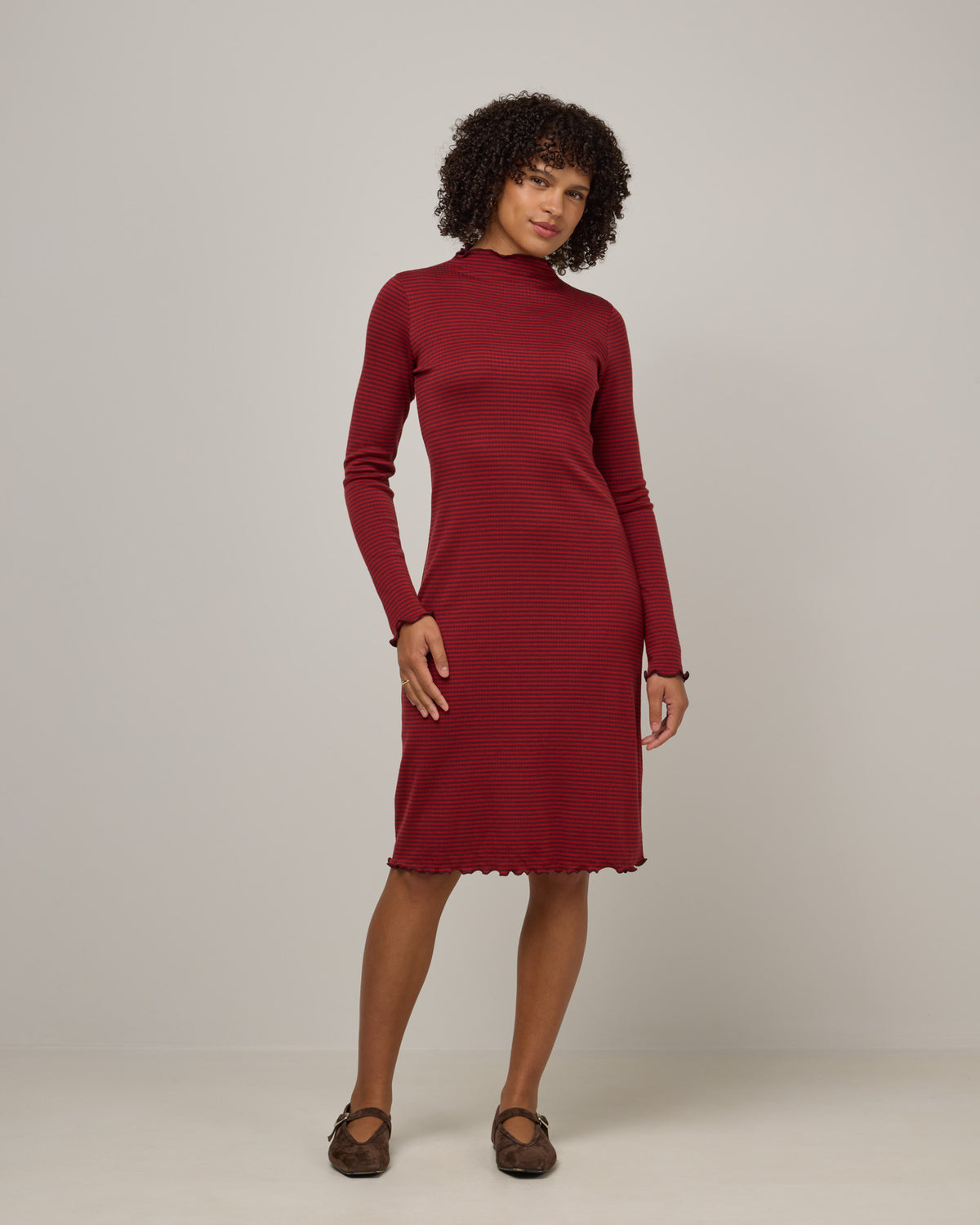 Daphne Merino Wool Ribbed Dress - Burgundy & Modern Red Stripe – Daphne Ribbed Dress