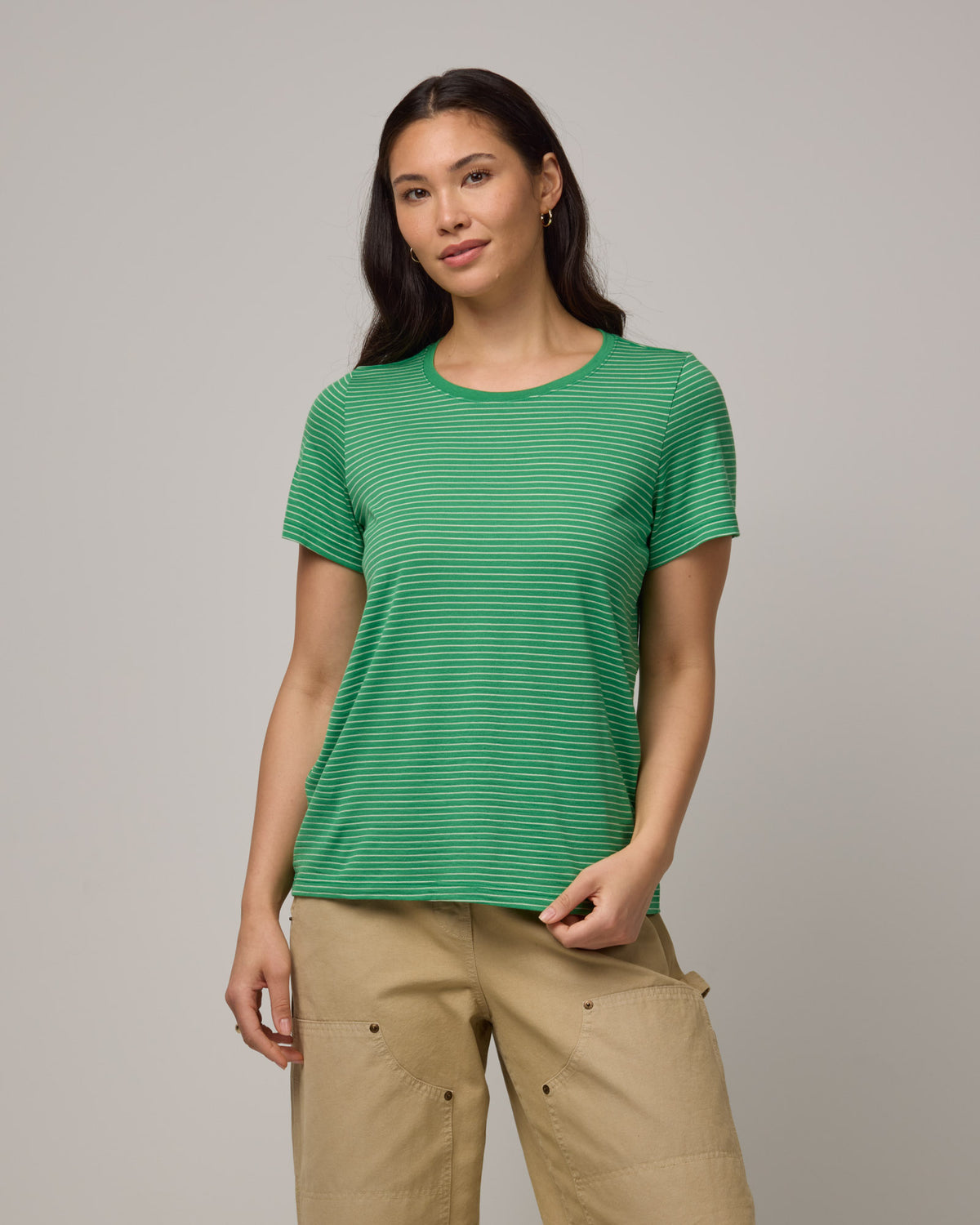 Zoe Merino Wool Easy Crew Neck Tee - Verde & Natural White Stripe 