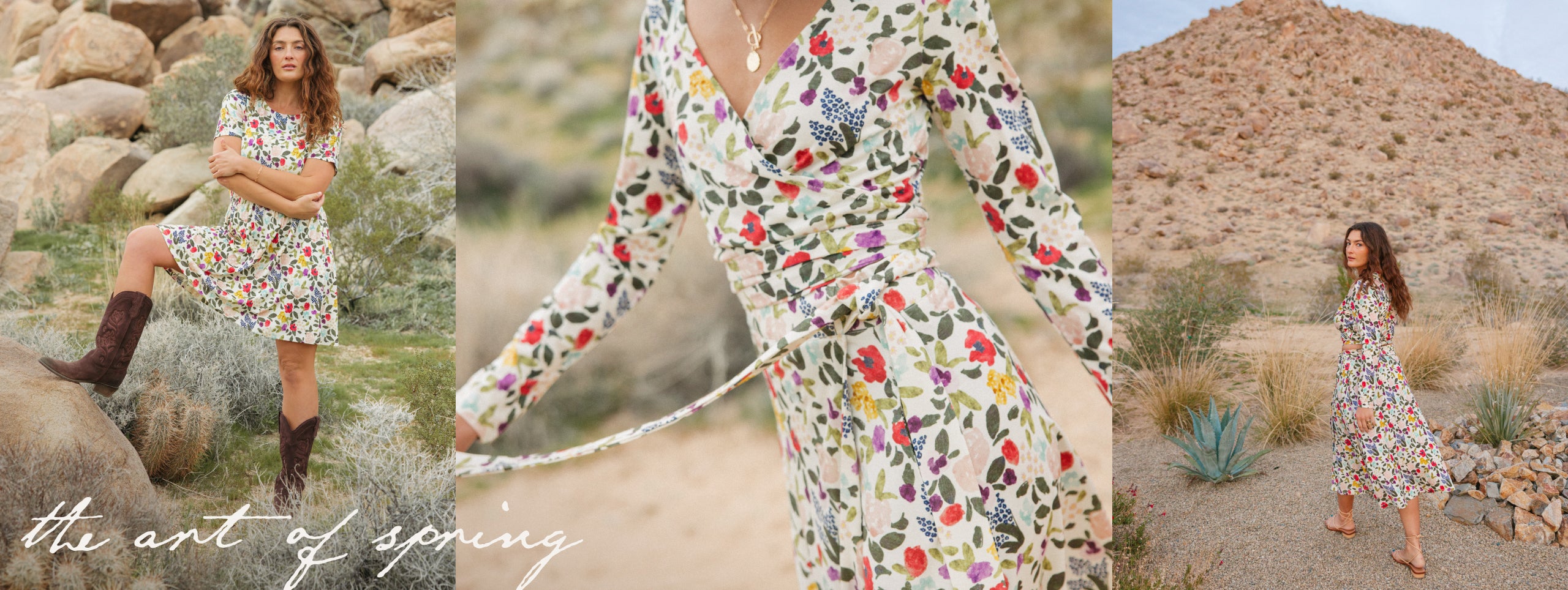 The Art of Spring  The Art of Spring - models in a desert setting wearing Norma Smocked Waist Dress, Natalia Wrap Top, and Skye Wrap Skirt in Watercolor Floral Print, a multi-color floral print on a cream background. 