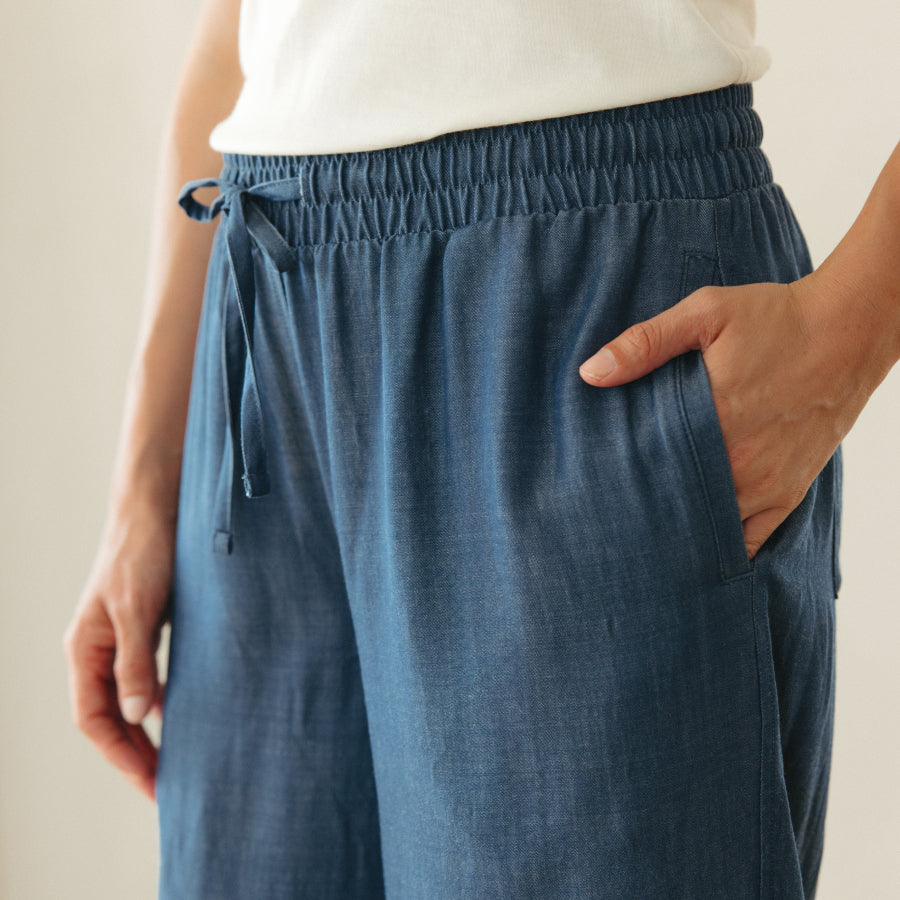 Erin Merino Wool Chambray Wide Leg Pants - Dark Blue – Erin