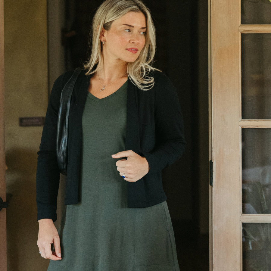 Winona Merino Wool Interlock Crop Cardigan - Black Winona Crop Cardigan | wool& Winona Merino Wool Interlock Crop Cardigan - Black Winona Crop Cardigan | wool&