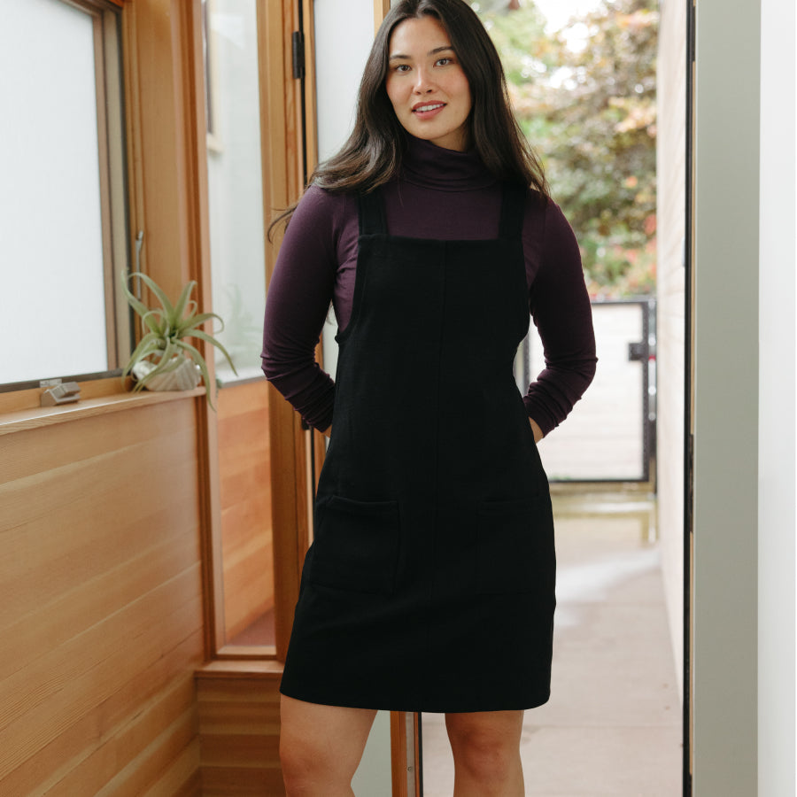 Goldie Merino Wool Pinafore Dress - Black Goldie Ponte Pinafore | wool& Goldie Merino Wool Pinafore Dress - Black Goldie Ponte Pinafore | wool&