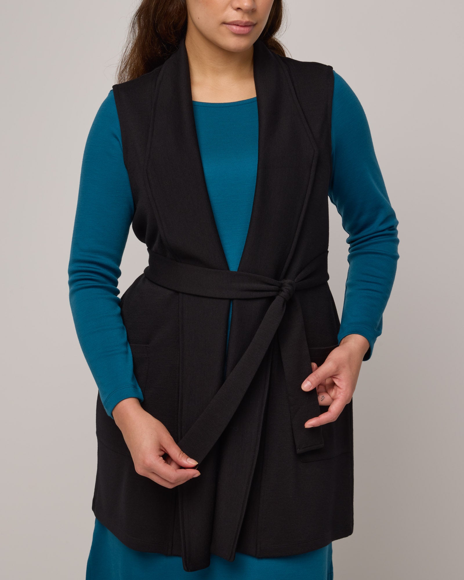 Dylan Merino Wool Belted Vest - Black – Dylan Ponte Vest | wool&