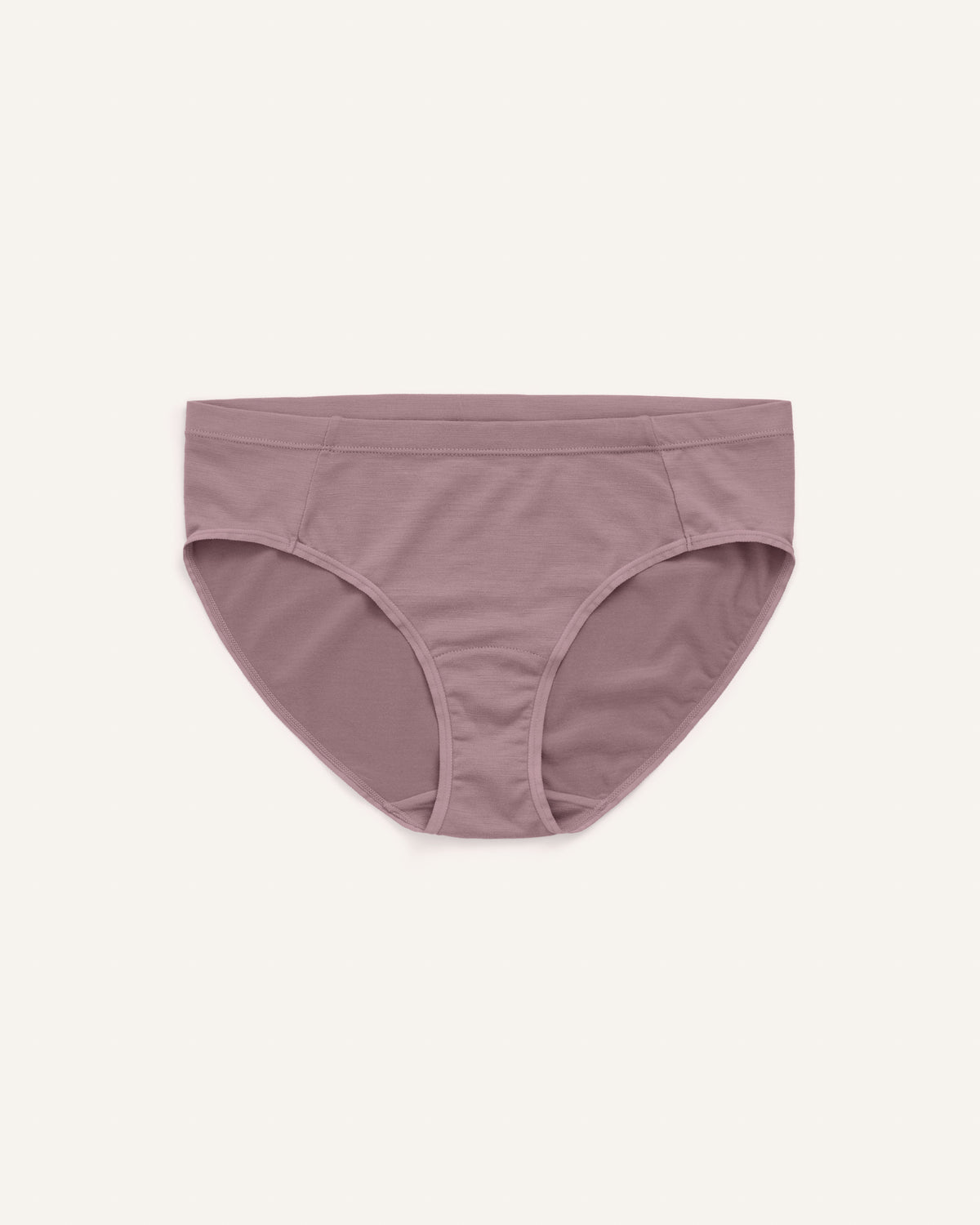 Laydown of Roam Bikini in Lavender, a dusky muted purple color. Roam Bikini is a merino wool underwear available in sizes XS-3X.