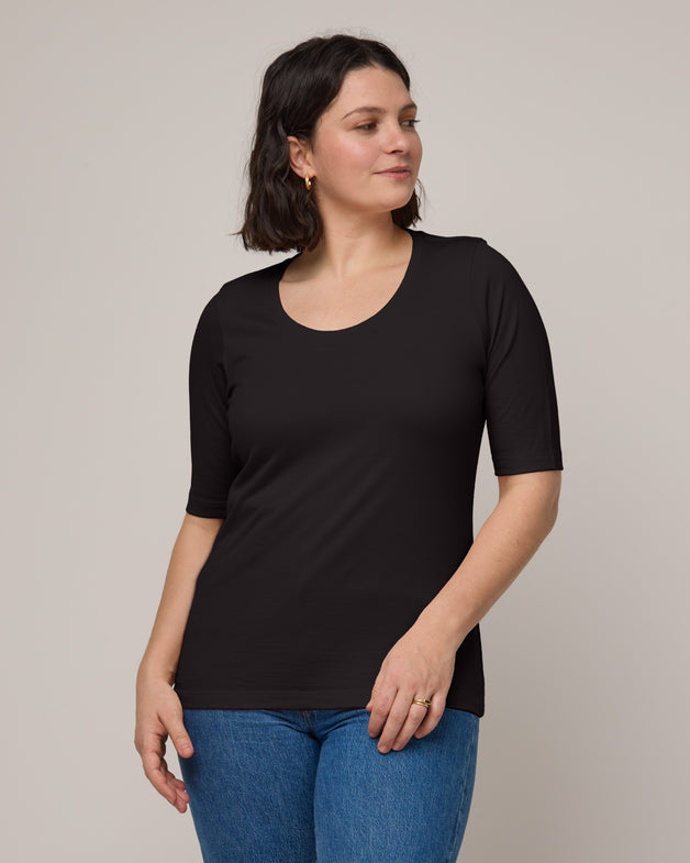 Celine Merino Wool Elbow Sleeve Tee - Black - wool