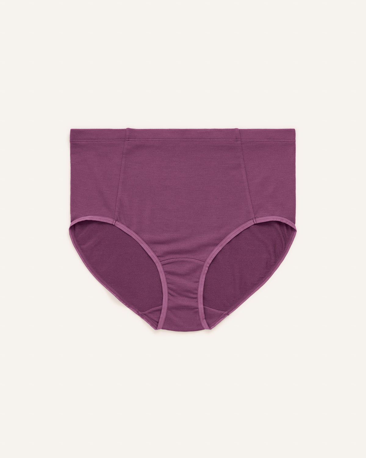 Laydown of Roam High Waist Bikini in Plum, a berry pink-purple color. Roam High Waist Bikini is a merino wool underwear available in sizes XS-3X.