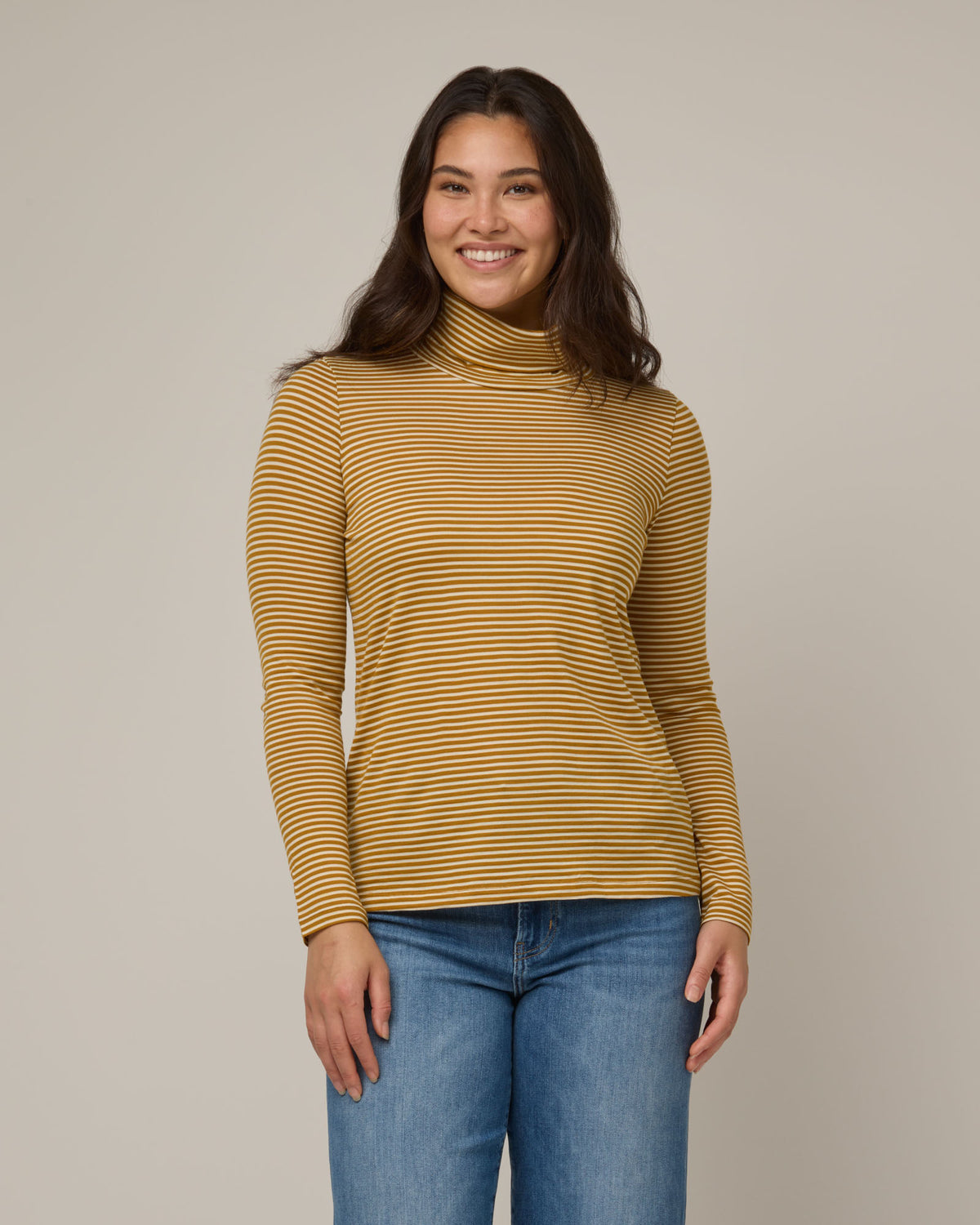 Addison Merino Wool Turtleneck Top - Ochre & Natural White Stripe ...