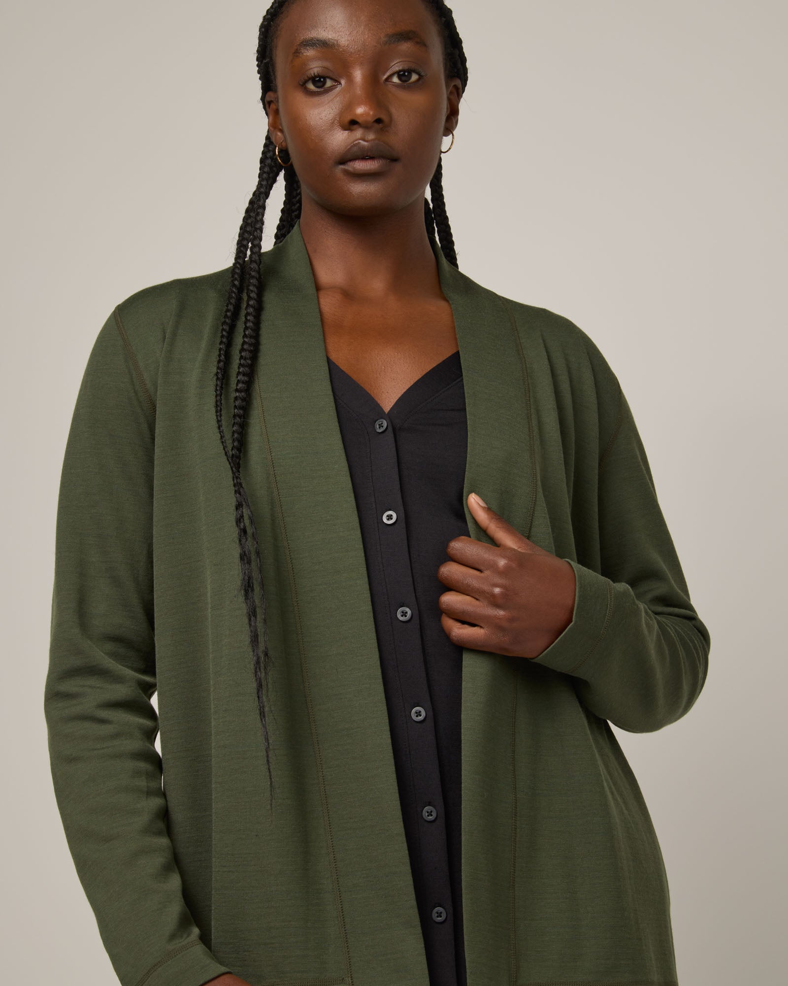 Viv Merino Wool Reversible Cardigan Forest Night Cool Olive