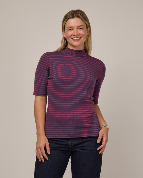 Krystal Mock Neck Top - Marionberry & Rosewood Stripe | wool&