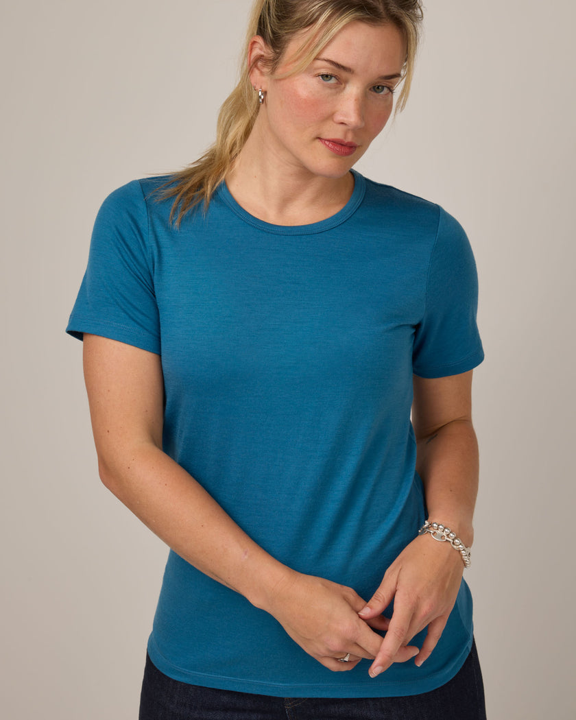 Cara 100% Merino Wool Fitted Tee - Ocean Teal – Cara 100% Wool Crew Tee ...