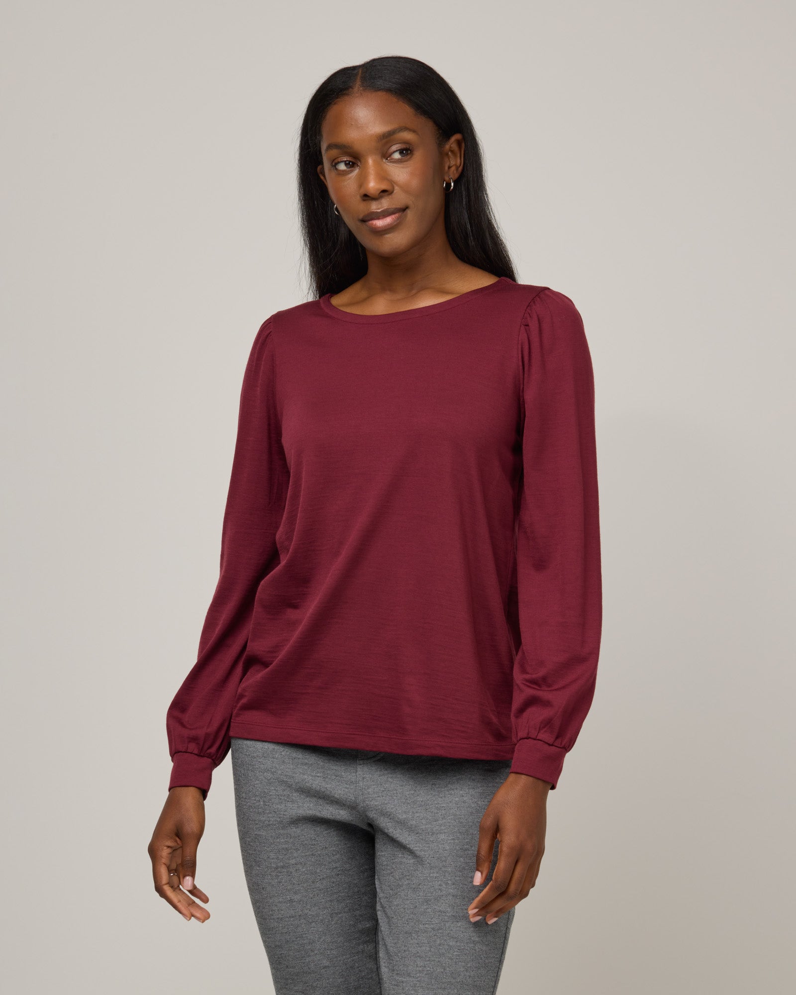 トップス CTHY HIGHEND FLANNELANA WOOL SHIRTS Edith Merino Wool Puff Sleeve Top - Burgundy – Edith Puff Sleeve
