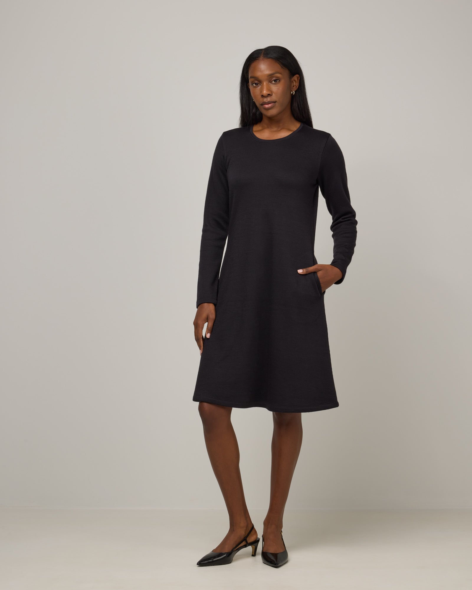 Bethany Merino Wool Ribbed Swing Dress - Black Bethany Merino Wool Ribbed Swing Dress - Black