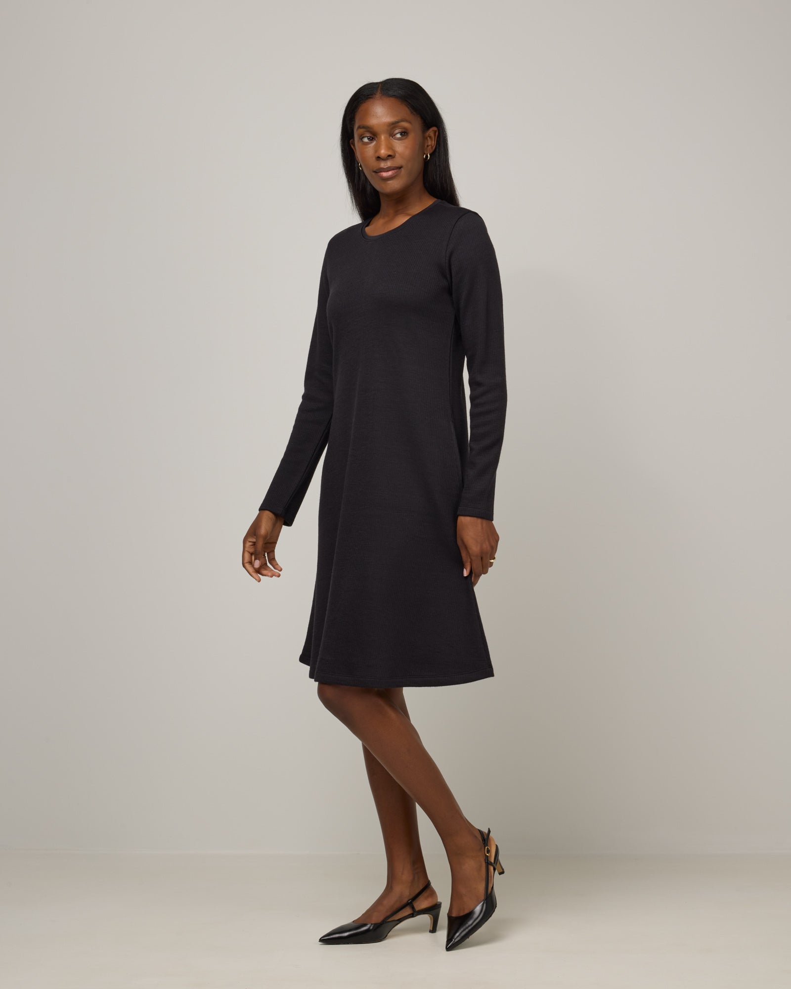 Bethany Merino Wool Ribbed Swing Dress - Black Bethany Merino Wool Ribbed Swing Dress - Black