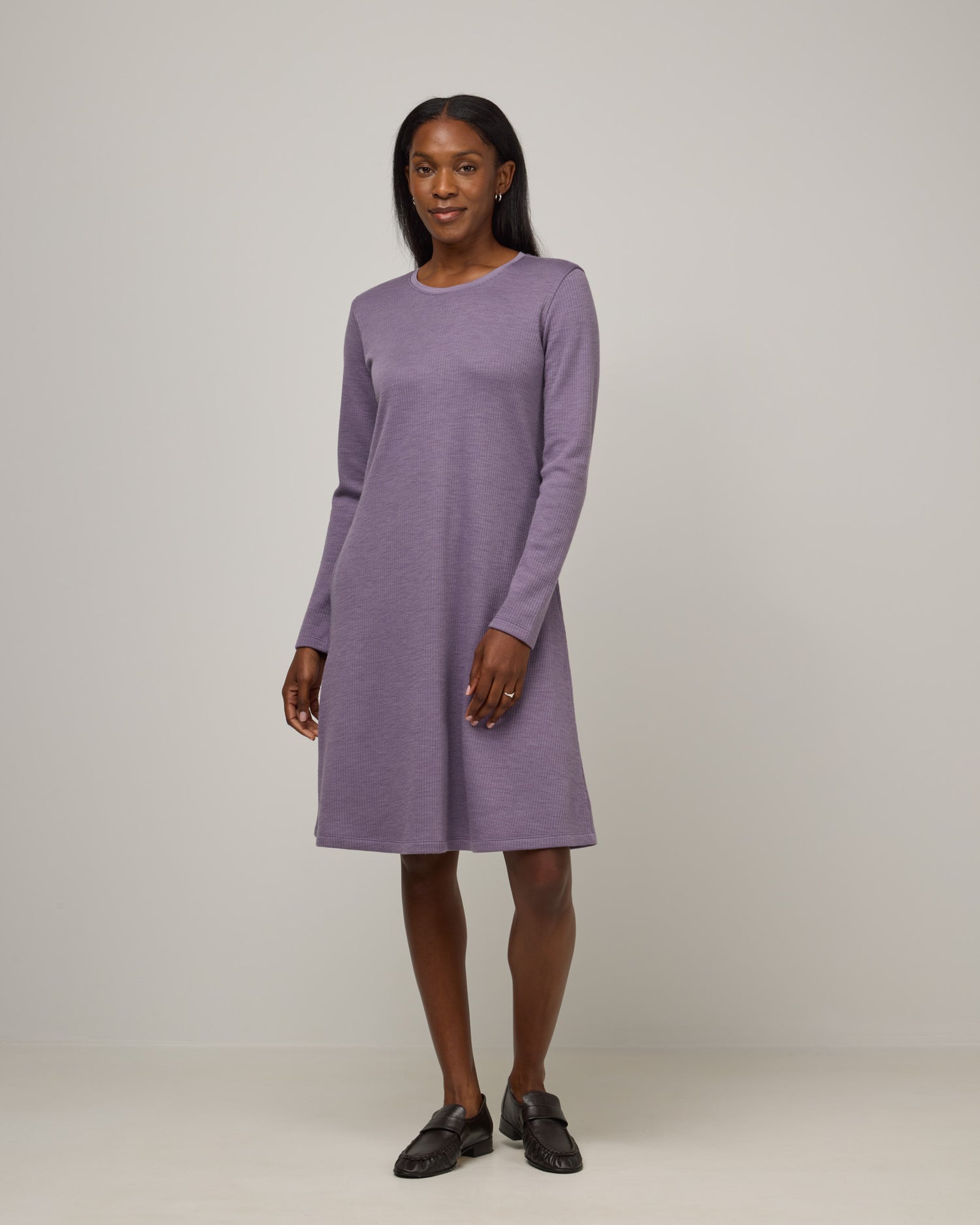 Bethany Merino Wool Ribbed Swing Dress - Purple Sage Bethany Merino Wool Ribbed Swing Dress - Purple Sage