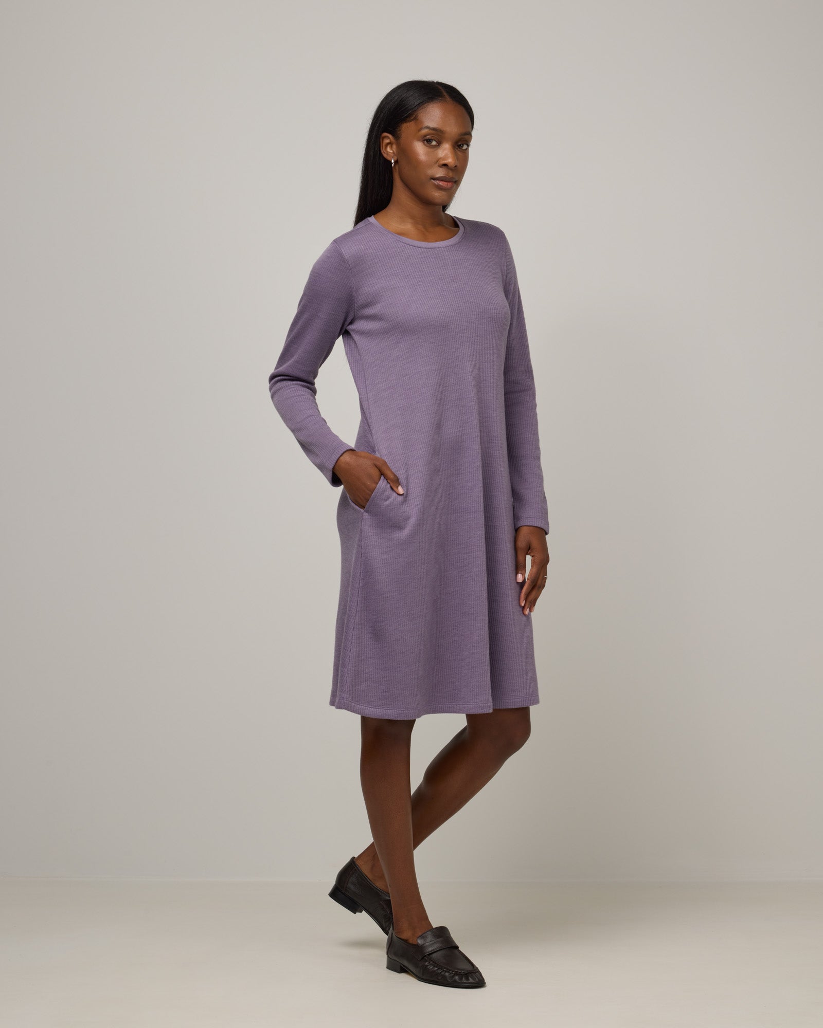 Bethany Merino Wool Ribbed Swing Dress - Purple Sage Bethany Merino Wool Ribbed Swing Dress - Purple Sage