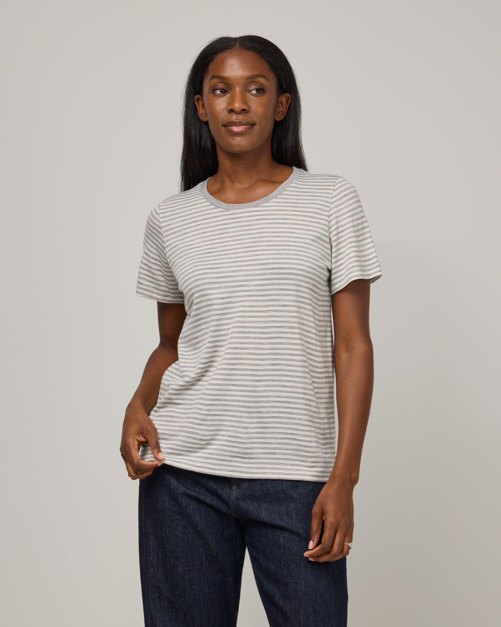 Zoe Easy Merino Wool Crew Neck Tee - Gray Heather & Natural White