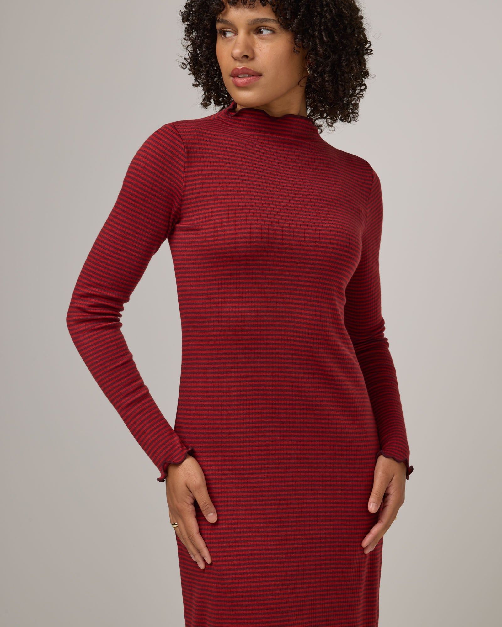 Daphne Merino Wool Ribbed Dress - Burgundy & Modern Red Stripe Daphne Merino Wool Ribbed Dress - Burgundy & Modern Red Stripe