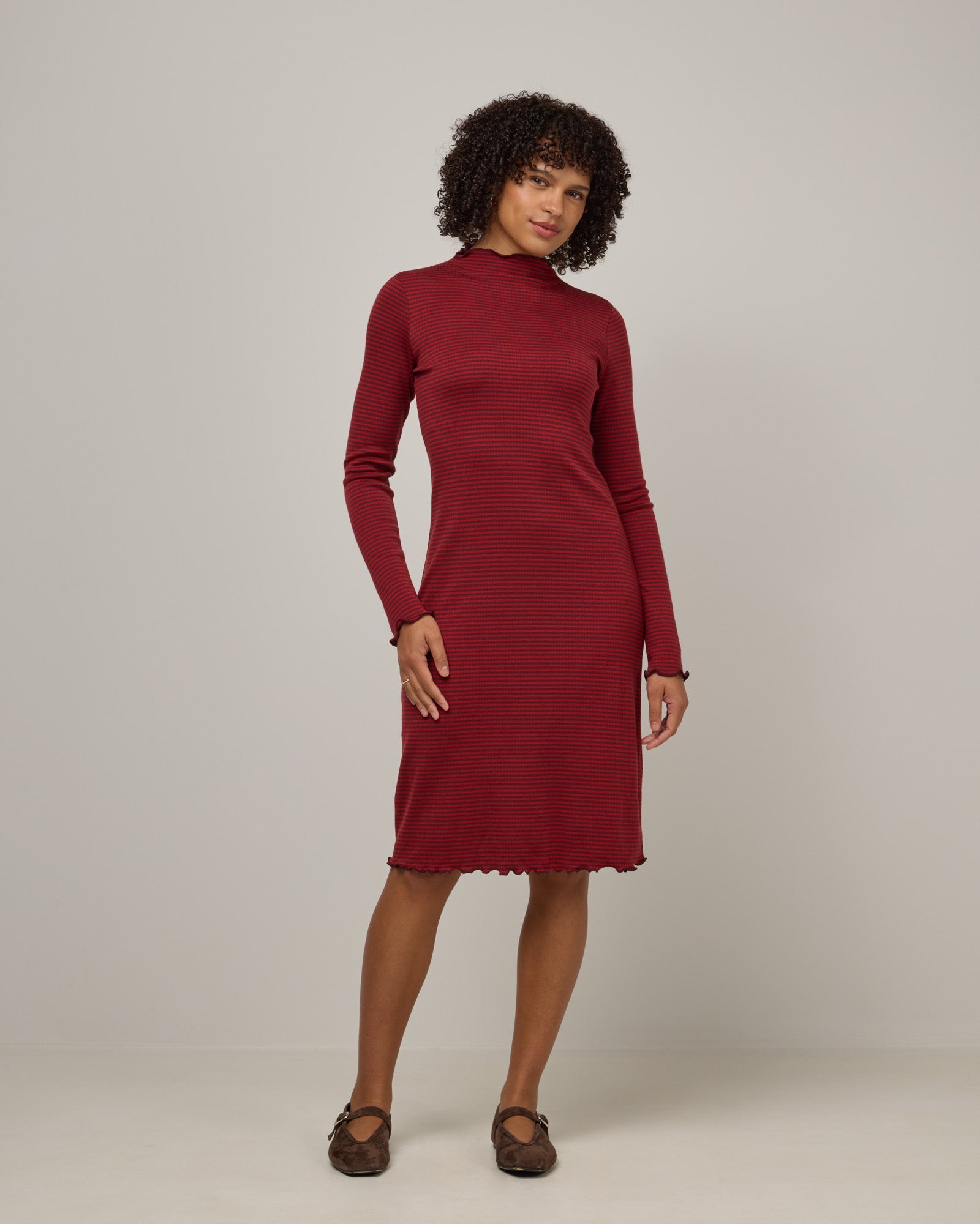 Daphne Merino Wool Ribbed Dress - Burgundy & Modern Red Stripe Daphne Merino Wool Ribbed Dress - Burgundy & Modern Red Stripe