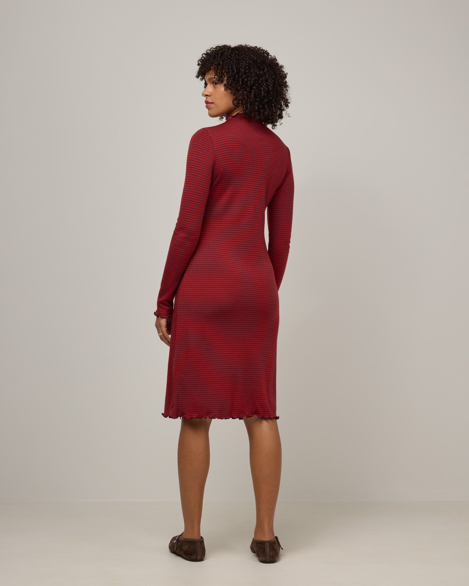 Daphne Merino Wool Ribbed Dress - Burgundy & Modern Red Stripe Daphne Merino Wool Ribbed Dress - Burgundy & Modern Red Stripe