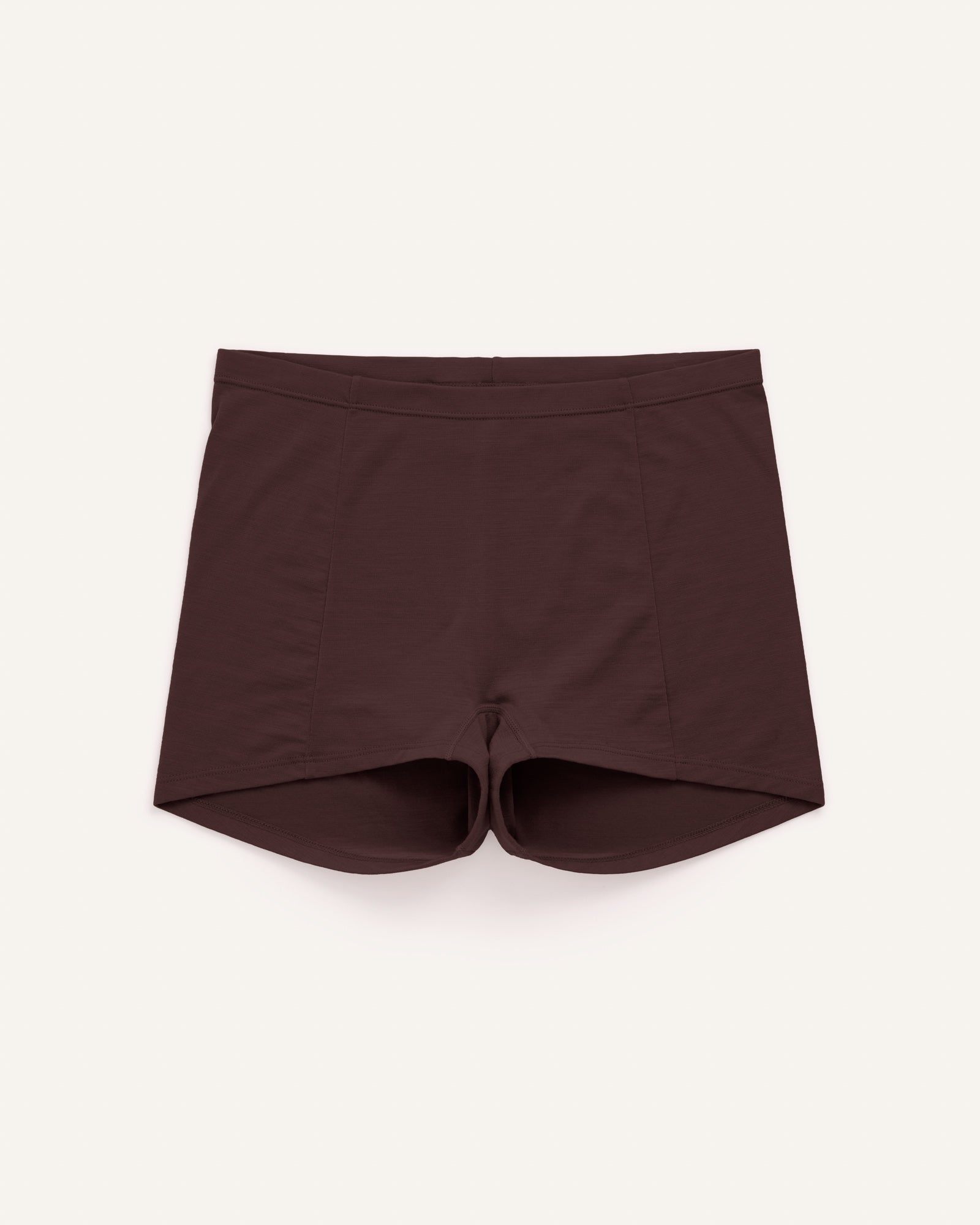 Laydown of Roam High Waist Shortie in Espresso, a dark brown color. Roam High Waist Shortie is a merino wool underwear available in sizes XS-3X.