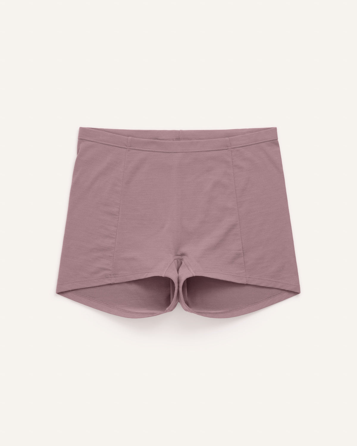Laydown of Roam High Waist Shortie in Lavender, a dusky muted purple color. Roam High Waist Shortie is a merino wool underwear available in sizes XS-3X.