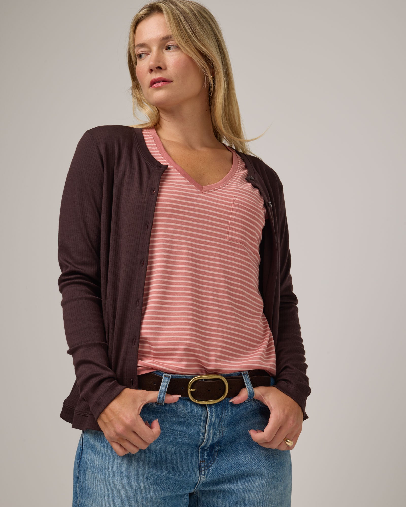 Model wearing Penelope Pocket Tank in Vintage Rose & Blush Pink Stripe. Penelope Pocket Tank is a merino wool sleeveless, v-neck tank with a pocket available in sizes XS-3X.