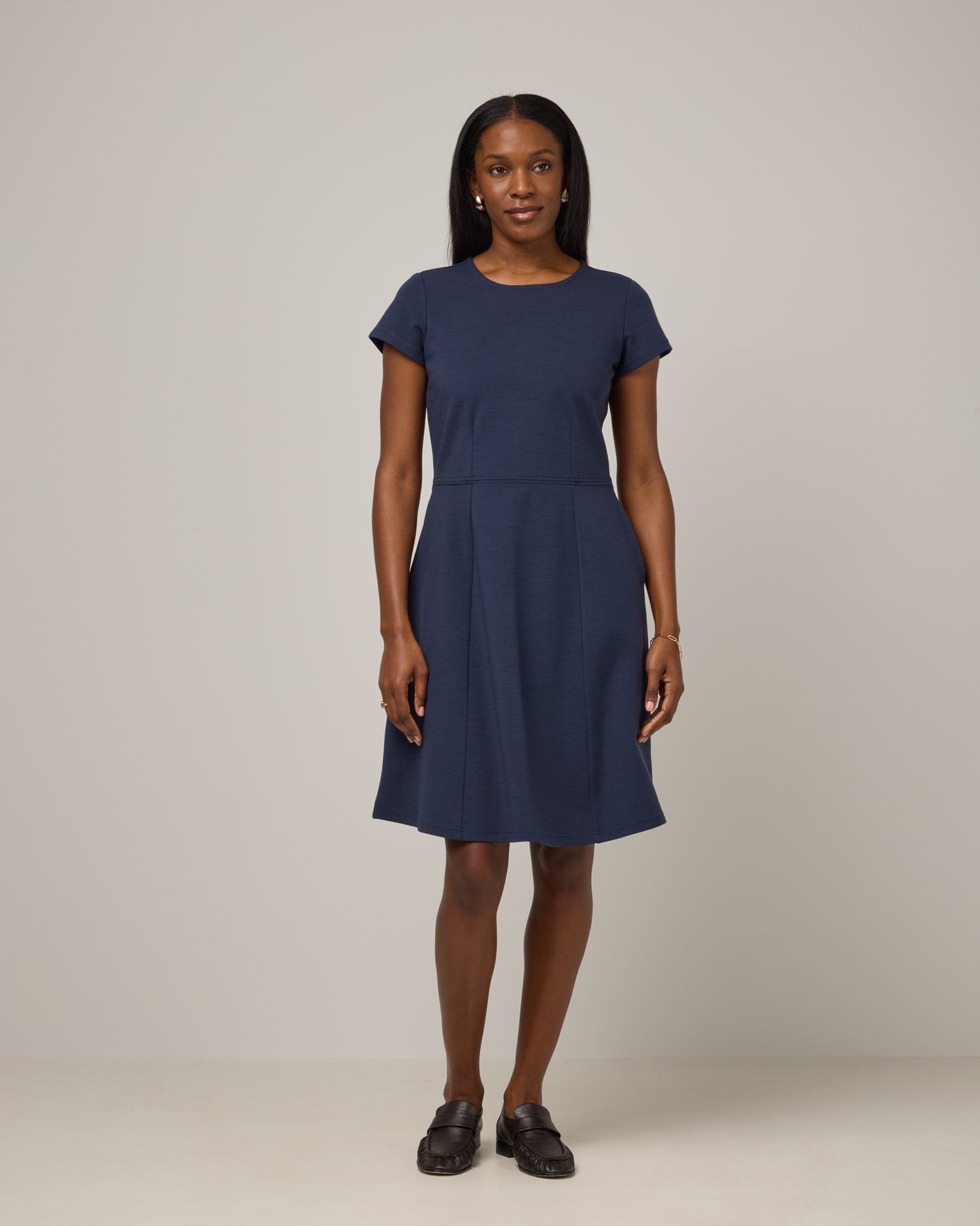 Anais Merino Wool Ponte Fit & Flare Dress - Washed Navy