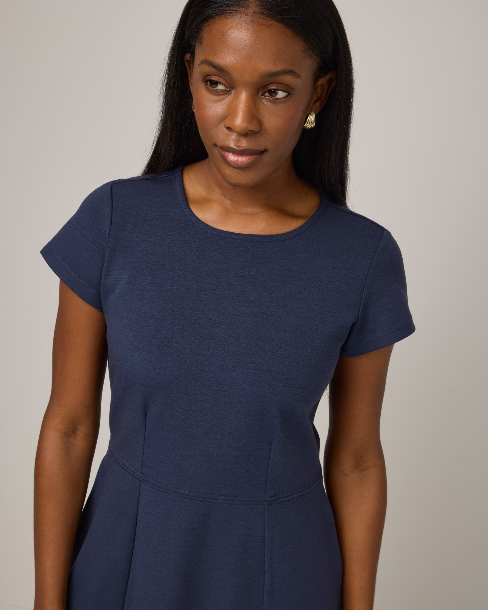 Anais Merino Wool Ponte Fit & Flare Dress - Washed Navy Anais Merino Wool Ponte Fit & Flare Dress - Washed Navy