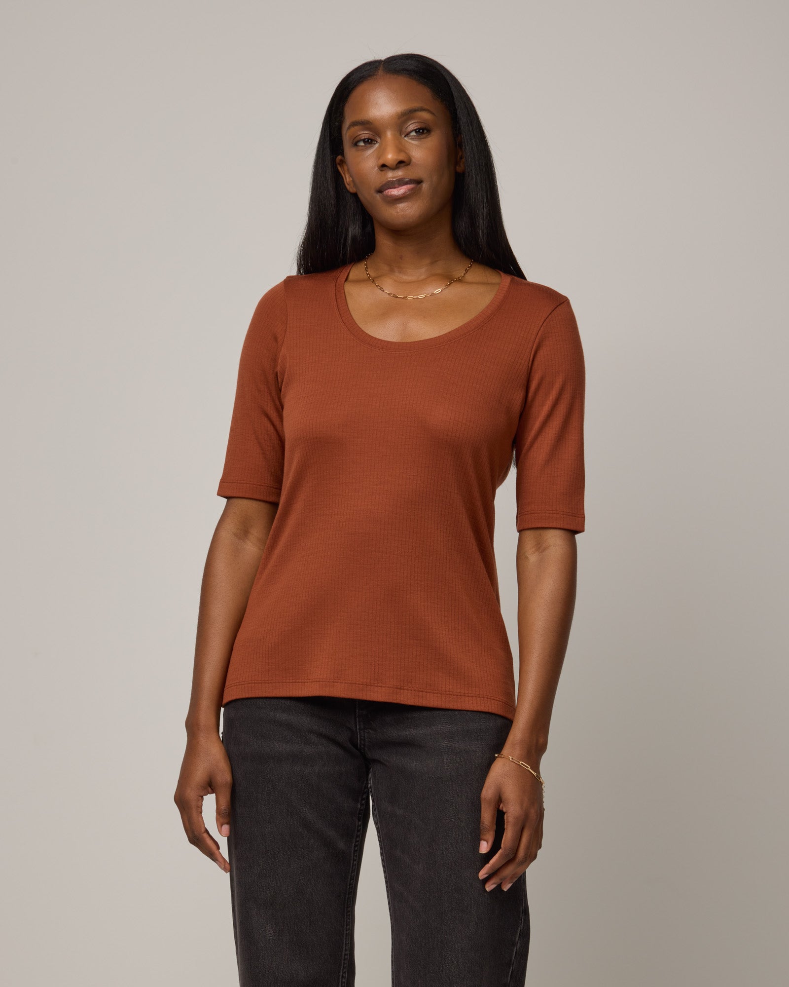 Celine Merino Wool Ribbed Elbow Sleeve Tee - Cinnamon – Celine Rib