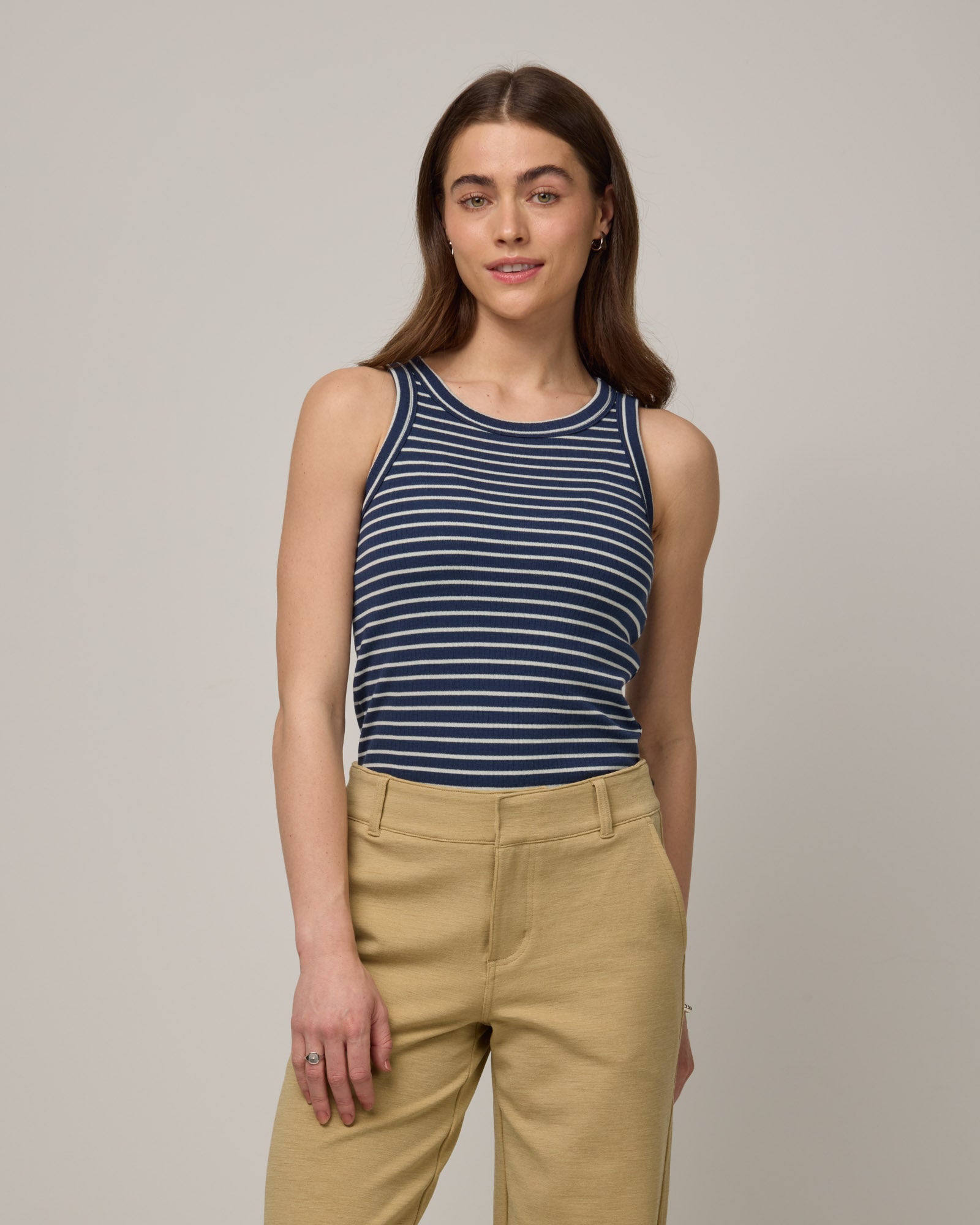 Lily Merino Wool Ribbed Tank - Marine Blue & Natural White Stripe