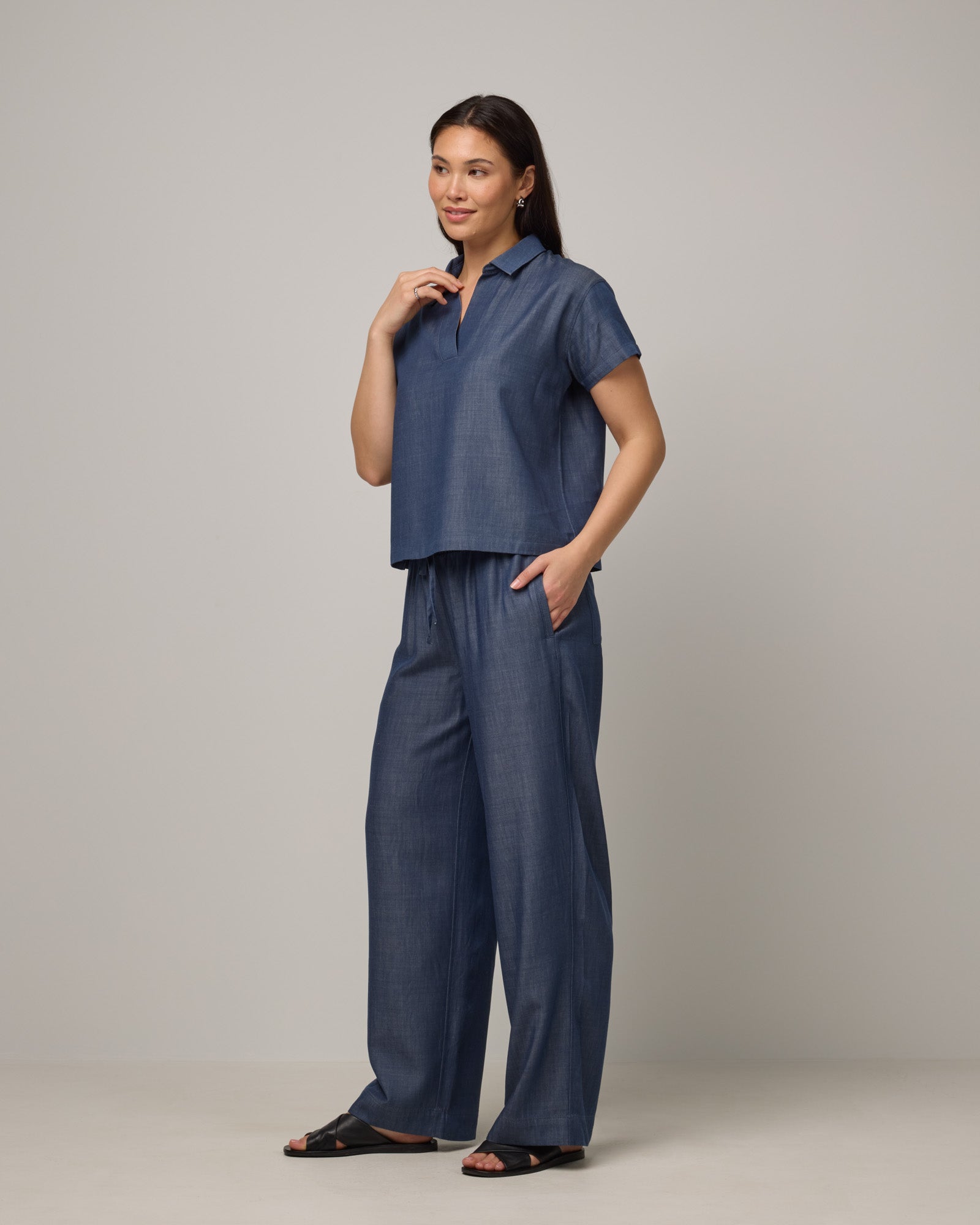 Erin Merino Wool Chambray Wide Leg Pants - Dark Blue – Erin