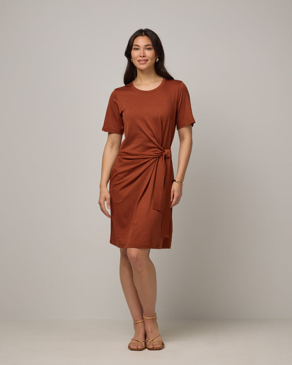 Model wearing Kelly Faux Tie Dress in Cinnamon, a rusty reddish-brown color. Kelly Faux Tie Dress is a merino wool crew neck, short sleeve, knee length shift dress with pockets available in sizes XS-3X. 