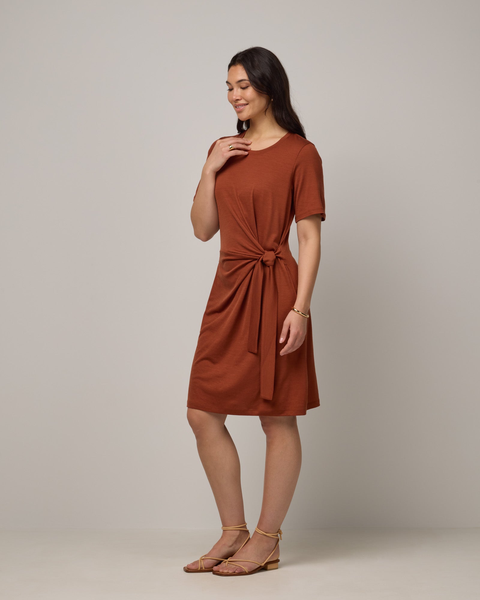 Model wearing Kelly Faux Tie Dress in Cinnamon, a rusty reddish-brown color. Kelly Faux Tie Dress is a merino wool crew neck, short sleeve, knee length shift dress with pockets available in sizes XS-3X. 