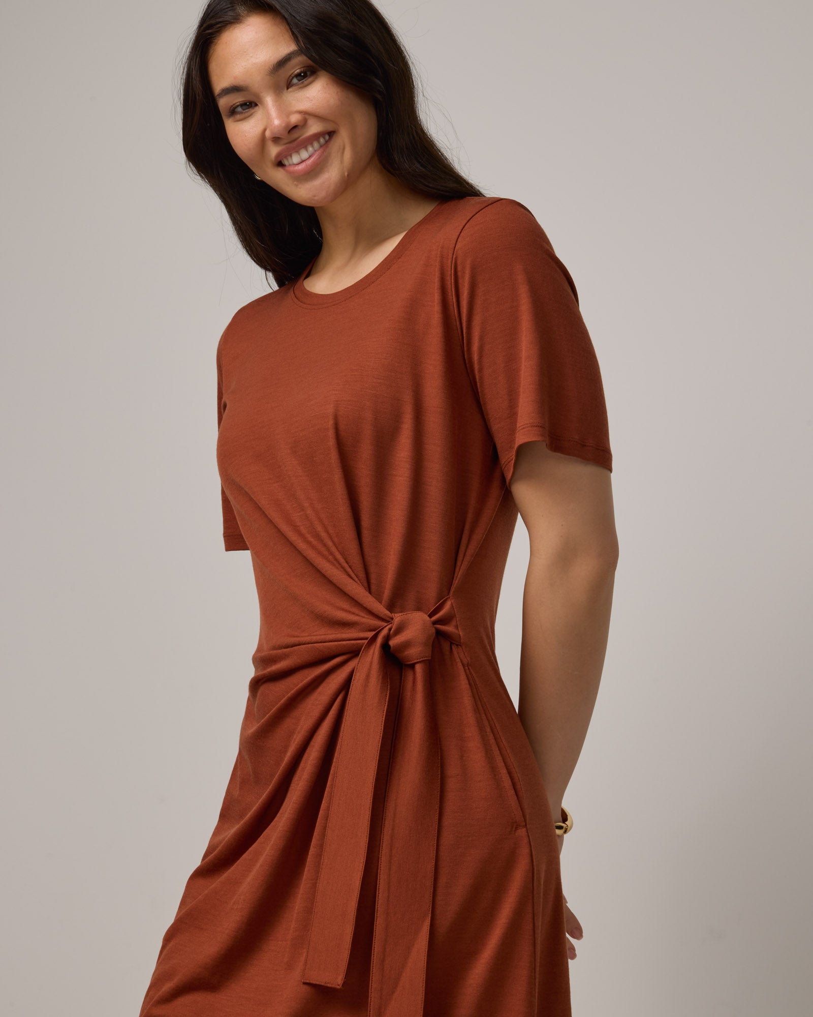 Model wearing Kelly Faux Tie Dress in Cinnamon, a rusty reddish-brown color. Kelly Faux Tie Dress is a merino wool crew neck, short sleeve, knee length shift dress with pockets available in sizes XS-3X. 